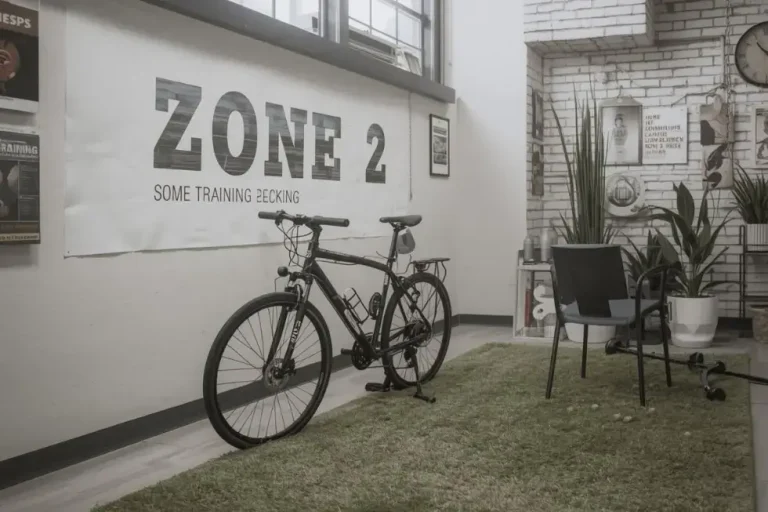 Zone 2 training bike in a gym with Zone 2 heart rate guidance on the wall.